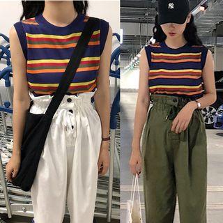 Striped Sleeveless Knit Top / Drawstring Waist Pants