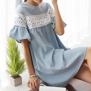 Short-sleeve Lace Panel Shift Dress