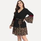 Plus Size Long-sleeve Leopard Print Panel Mini A-line Dress