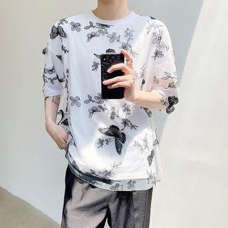 Butterfly Embroidered Mesh Overlay Short-sleeve Top