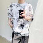 Butterfly Embroidered Mesh Overlay Short-sleeve Top
