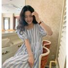 Puff-sleeve Stripe Dress Sky Blue - One Size