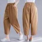 Plain Drawstring-waist Harem Pants Khaki - One Size
