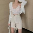 Plain Cropped Cardigan / Lace Camisole Top / Lace-up Front Mini Pencil Skirt