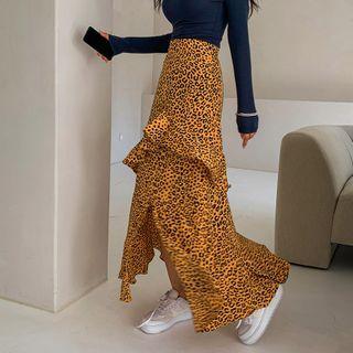 Slit-hem Ruffle-trim Maxi Leopard Skirt