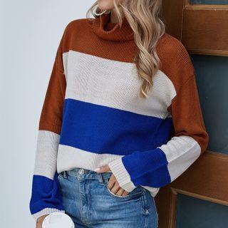 Turtle Neck Color-block Knitted Top