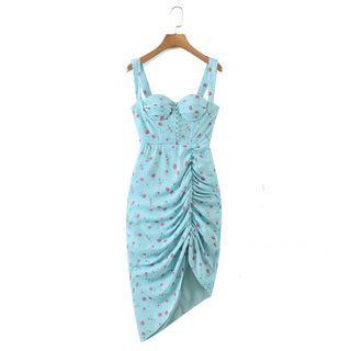 Spaghetti-strap Floral Ruched Sheath Dress