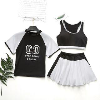 Set: Contrast Trim Tankini Top + Swim Skirt + Cover Up