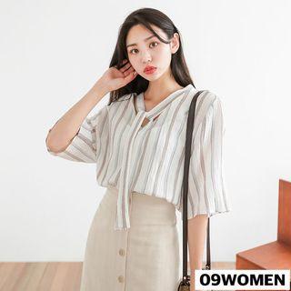 Plus Size Tie-neck Stripe Top