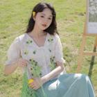 Puff-sleeve Button-up Crochet Top Green Floral - White - One Size