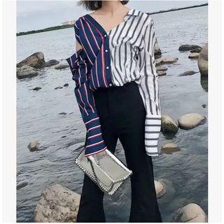 Striped Panel Cutout Shirt