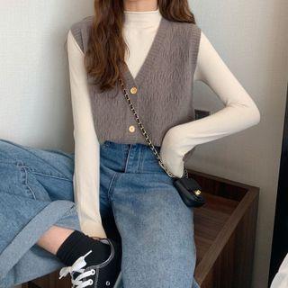 Mock-neck Knit Top / Pointelle Knit Sweater Vest