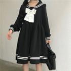Ribbon Sailor Collar Long-sleeve A-line Dress 5057 - Black - One Size