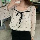 Square-neck Floral Long-sleeve Shirt Almond - One Size