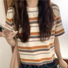 Short-sleeve Striped Cropped T-shirt Short Sleeve - Stripe - One Size