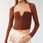 Long-sleeve Square-neck Mesh Crop Top