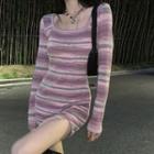 Long Sleeve Striped Sheath Mini Dress Purple & Pink - One Size