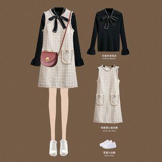 Set: Bow Accent Long-sleeve Knit Top + Pocket Detail Tweed Jumper Dress