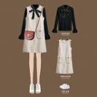 Set: Bow Accent Long-sleeve Knit Top + Pocket Detail Tweed Jumper Dress