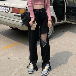 High Waist Wide Leg Distressed Bell-bottom Jeans