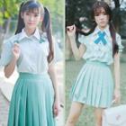 Short Sleeve Shirt / Embroidered Pleated Skirt / Embroidered Midi Skirt