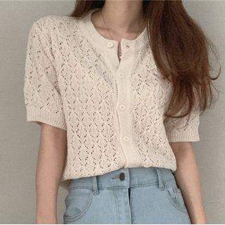 Elbow-sleeve Pointelle Knit Cardigan