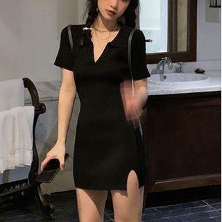 Short-sleeve Notched Mini Dress