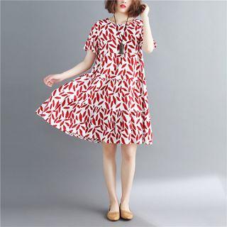 Leaf Print Short-sleeve A-line Dress As Shown In Figure - One Size