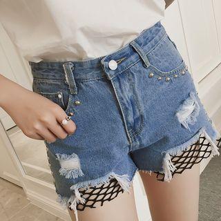 Mesh Panel Studded Denim Shorts