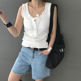Sleeveless U-neck Ribbed Henley