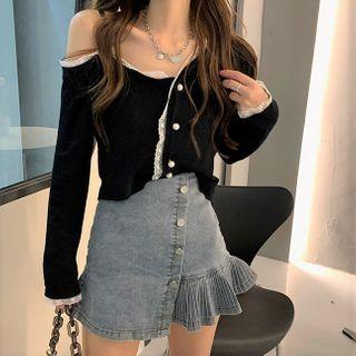 Long-sleeve Cold Shoulder Lace Trim Buttoned Knit Top As Shown In Figure - One Size