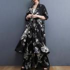 Set: Elbow-sleeve Floral Print Long Jacket + Wide Leg Pants White & Black - One Size