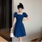 Denim Puff-sleeve A-line Dress