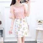 Set: Elbow-sleeve Lace Top + Printed Mini A-line Skirt