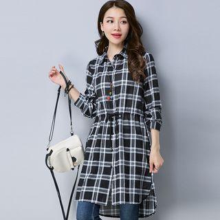 Drawstring Plaid Shirt Dress