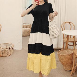 Color-block Tiered Dress Black - One Size