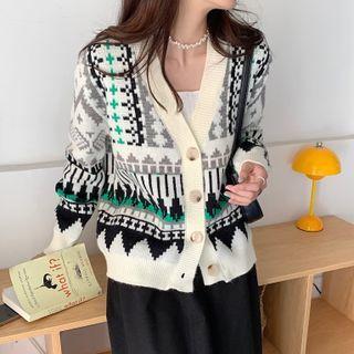 Plaid Print V-neck Cardigan White - One Size