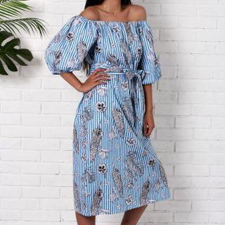 Striped Off-shoulder Midi Shift Dress