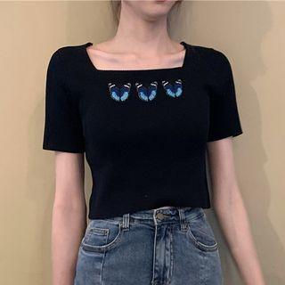 Butterfly Print Short-sleeve T-shirt / Denim Mini A-line Skirt