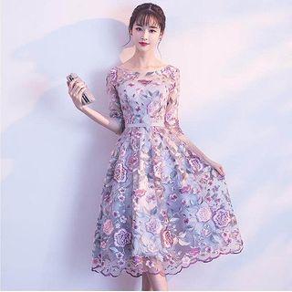 3/4-sleeve Floral Embroidered A-line Cocktail Dress