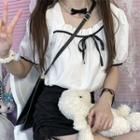 Short-sleeve Cutoff Drawstring Shirt / Ruffle Square-neck Blouse
