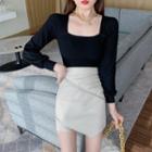 Set: Balloon-sleeve Top + Diagonal Zip A-line Mini Skirt