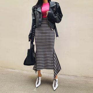 Asymmetric-hem Gingham Maxi Mermaid Skirt