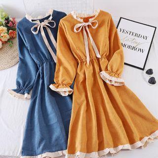 Long-sleeve Color Panel Bow Dress