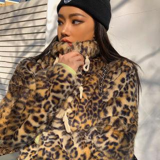 Toggle-button Leopard Faux-fur Jacket Brown - One Size