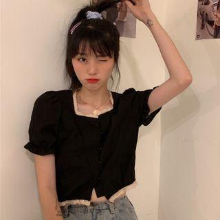 Puff-sleeve Lace Trim Cropped Top As Shown In Figure - One Size