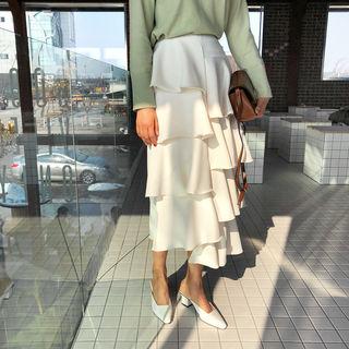 Asymmetric-hem Tiered Long Skirt
