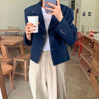 Contrast Stitching Single-breasted Blazer Navy Blue - One Size