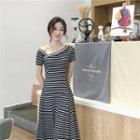 Short-sleeve Striped Midi A-line Dress