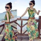 Printed Sleeveless Maxi Sun Dress As Shown In Figure - One Size
